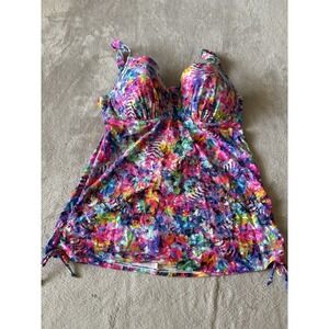 Smart & Sexy Swim Women's 38DD Abstract Tie Dye Underwired Swim Shirt Rainbow